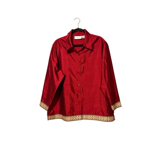 Silk Lore By Beth Terrell 100% Silk Blazer Blouse Size 2x Red Brocade Trim - Picture 1 of 5